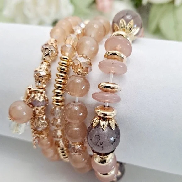 Boho Elastic Beaded gold pink Charm Bracelet Stretch multilayer set 💖2/$30 - Picture 6 of 11